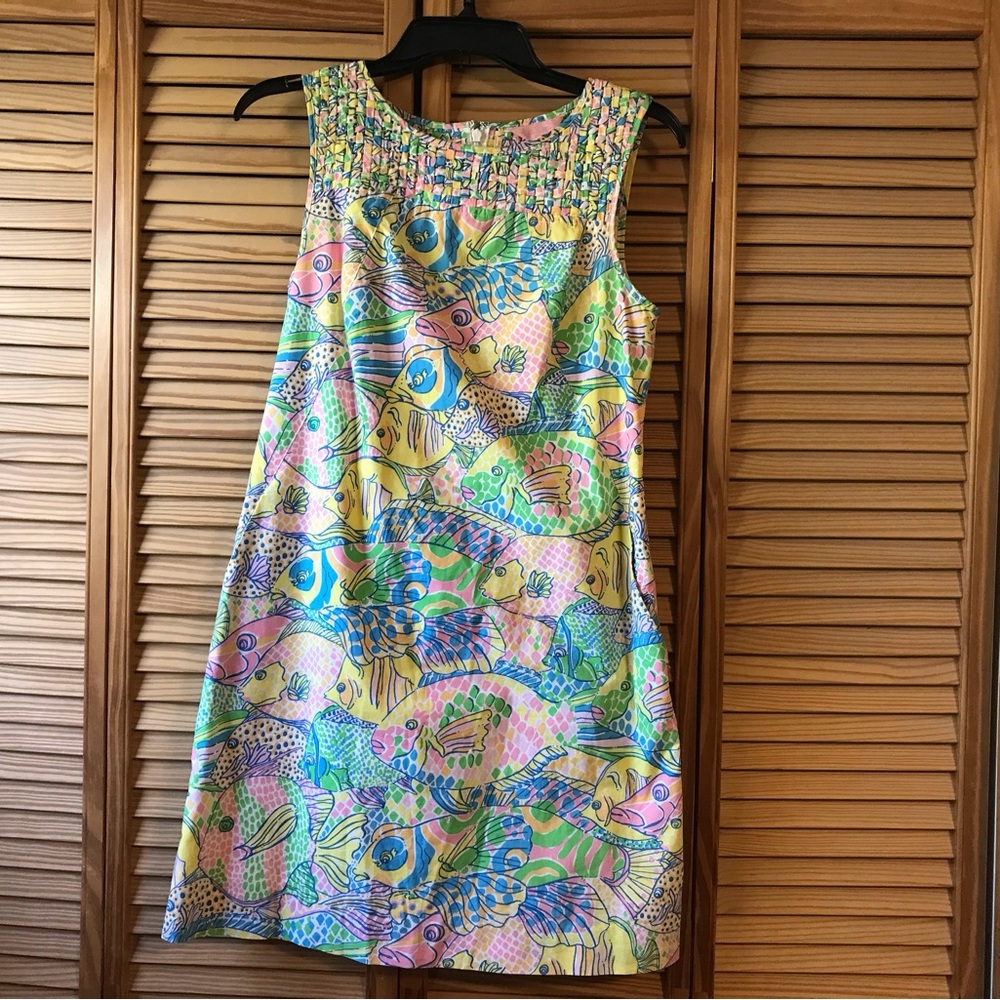Lilly Pulitzer “Party School” Fish Print Dress in Blue Green Pink, EUC